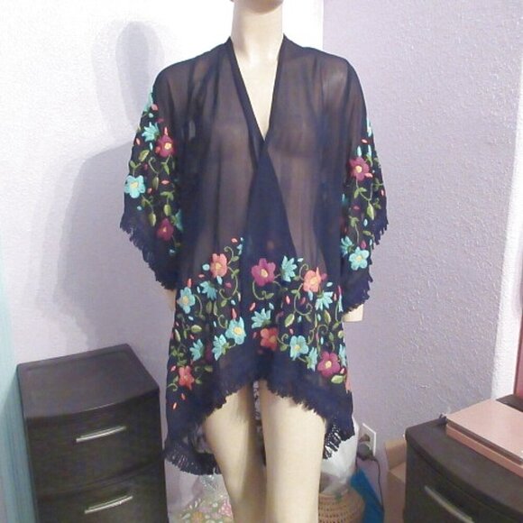 Judith March EMBROIDERED Cardigan KIMONO Size M MESH Sheer CROCHET Layering BOHO - Picture 2 of 11